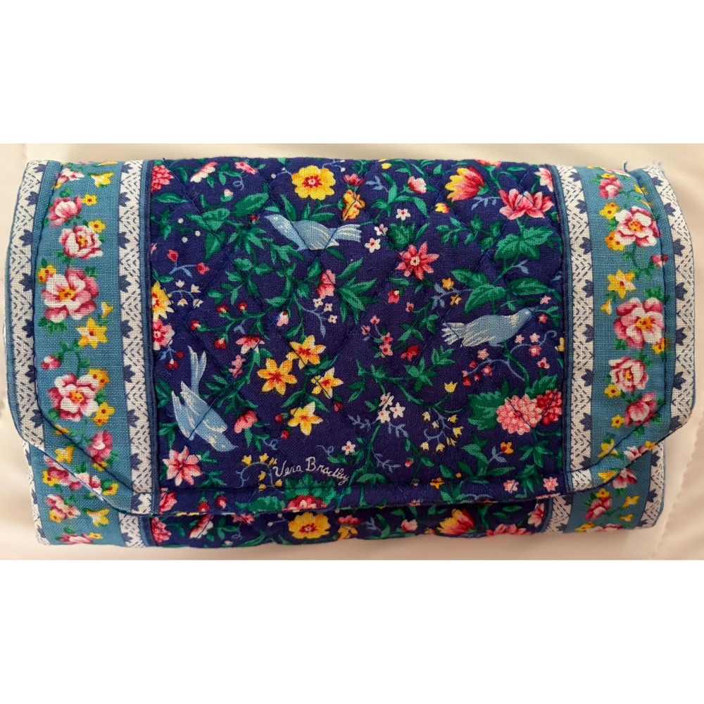 Vintage NWOT Vera Bradley Blue Bird Quilted Cotton Trifold Wallet Navy Floral
